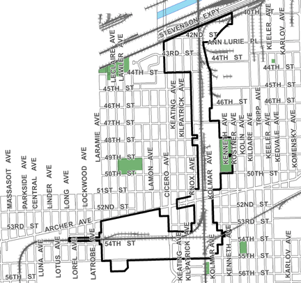 Midway Industrial Corridor TIF district, roughly bounded on the north by the Stevenson Expressway, 55th Street on the south, Kostner Avenue on the east, and Laramie Avenue on the west.